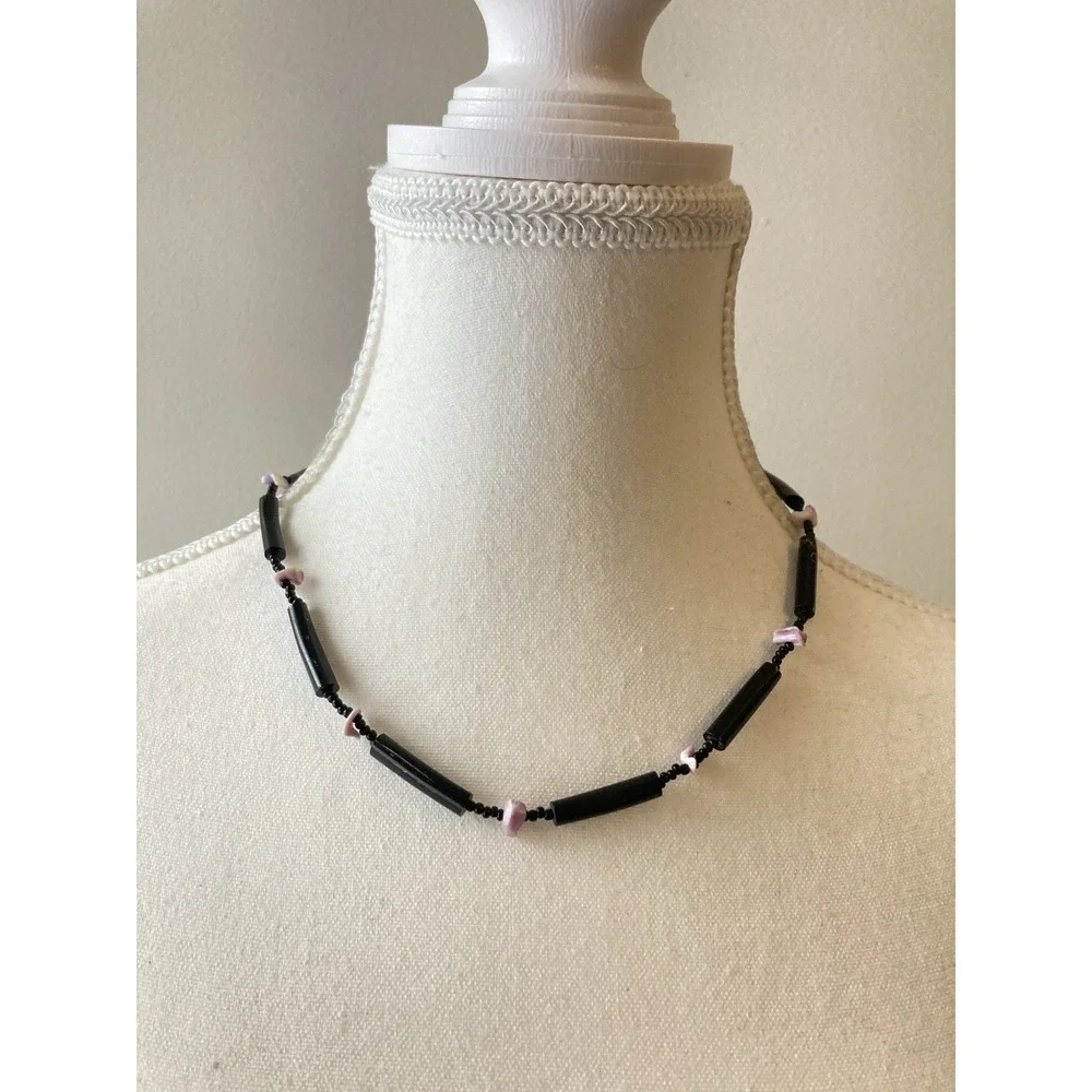 Vintage Black Beaded Choker Necklace Pink Shell Chip Accent Dark Romantic
